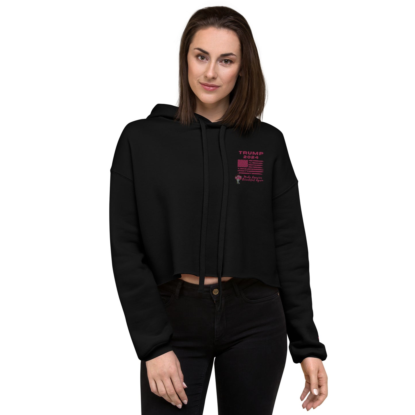 Trump 2024 Front Embroidered Pink Logo and Pink Sleeve Crop Hoodie