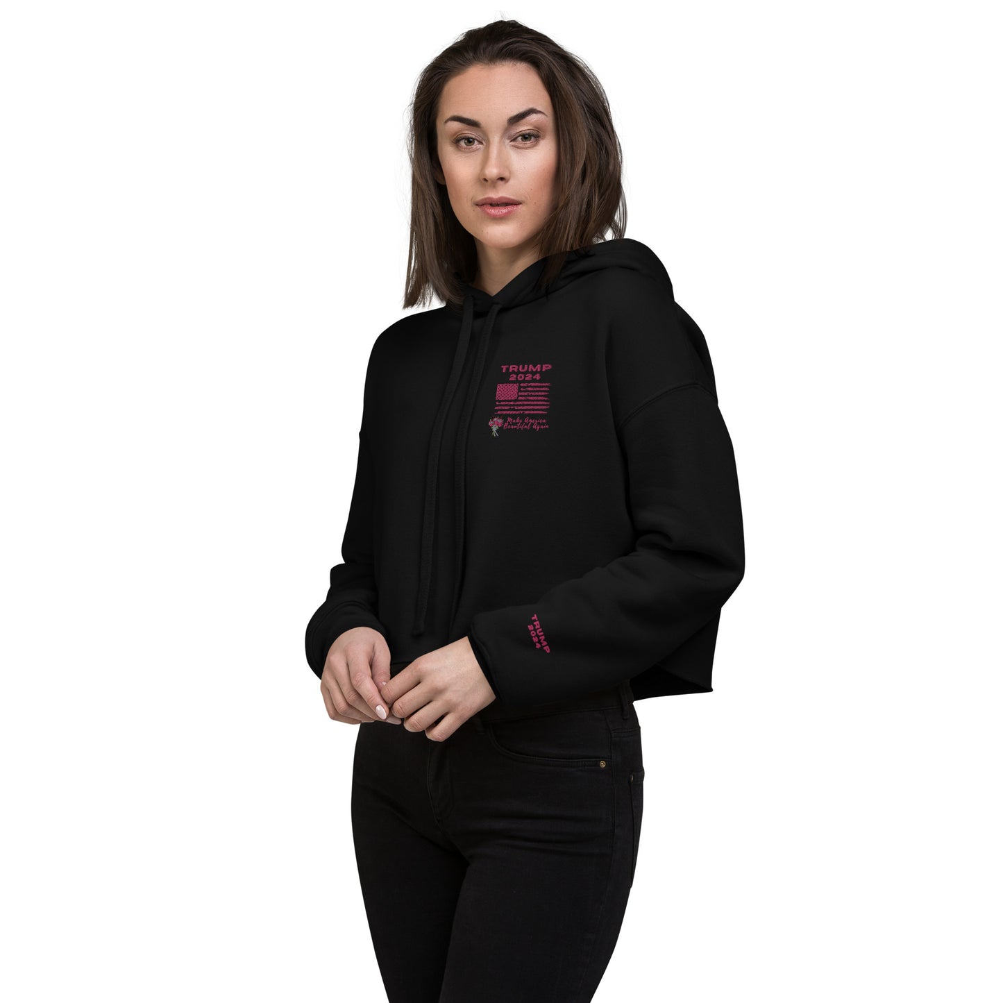 Trump 2024 Front Embroidered Pink Logo and Pink Sleeve Crop Hoodie
