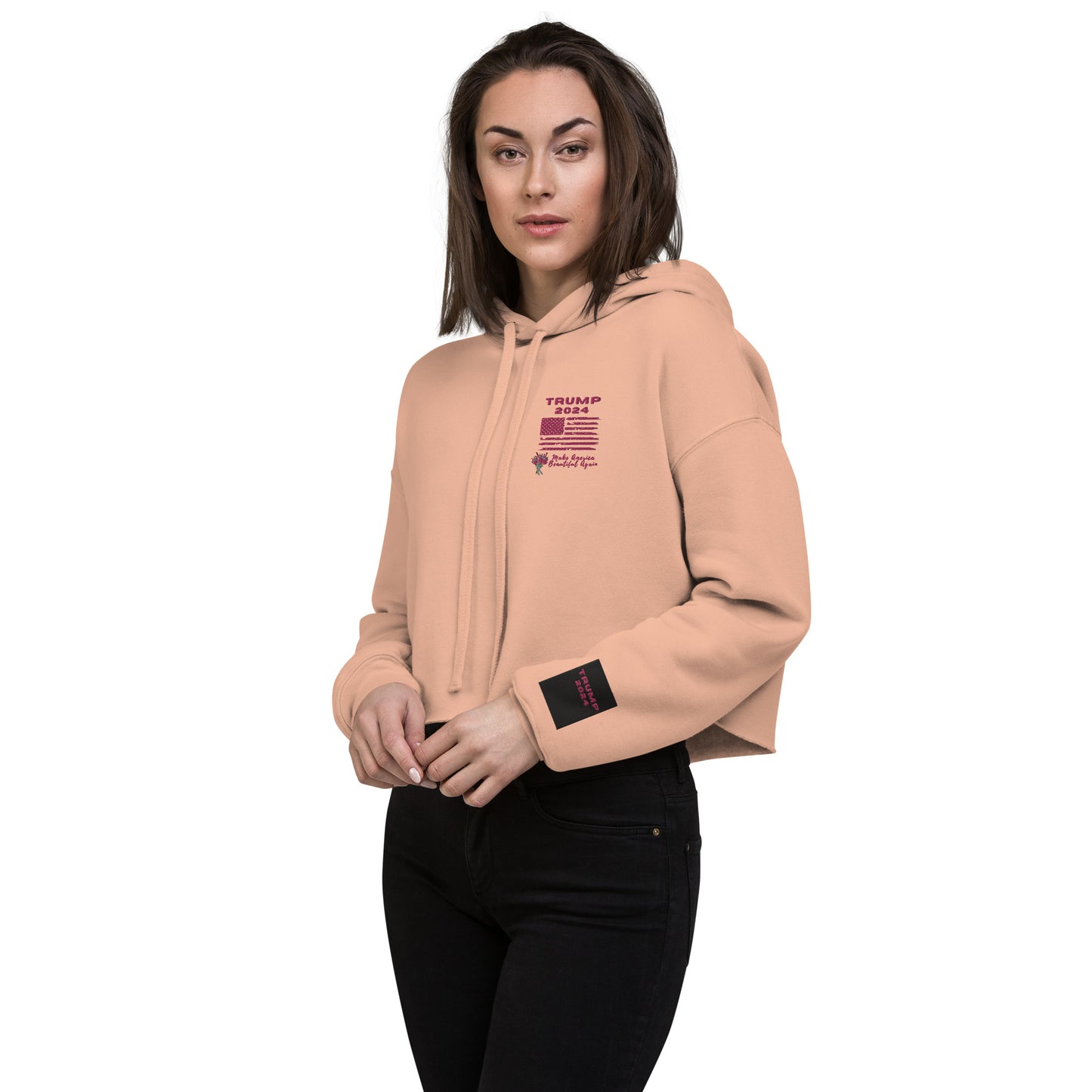 Trump 2024 Front Embroidered Pink Logo and Black Patch Sleeve Crop Hoodie