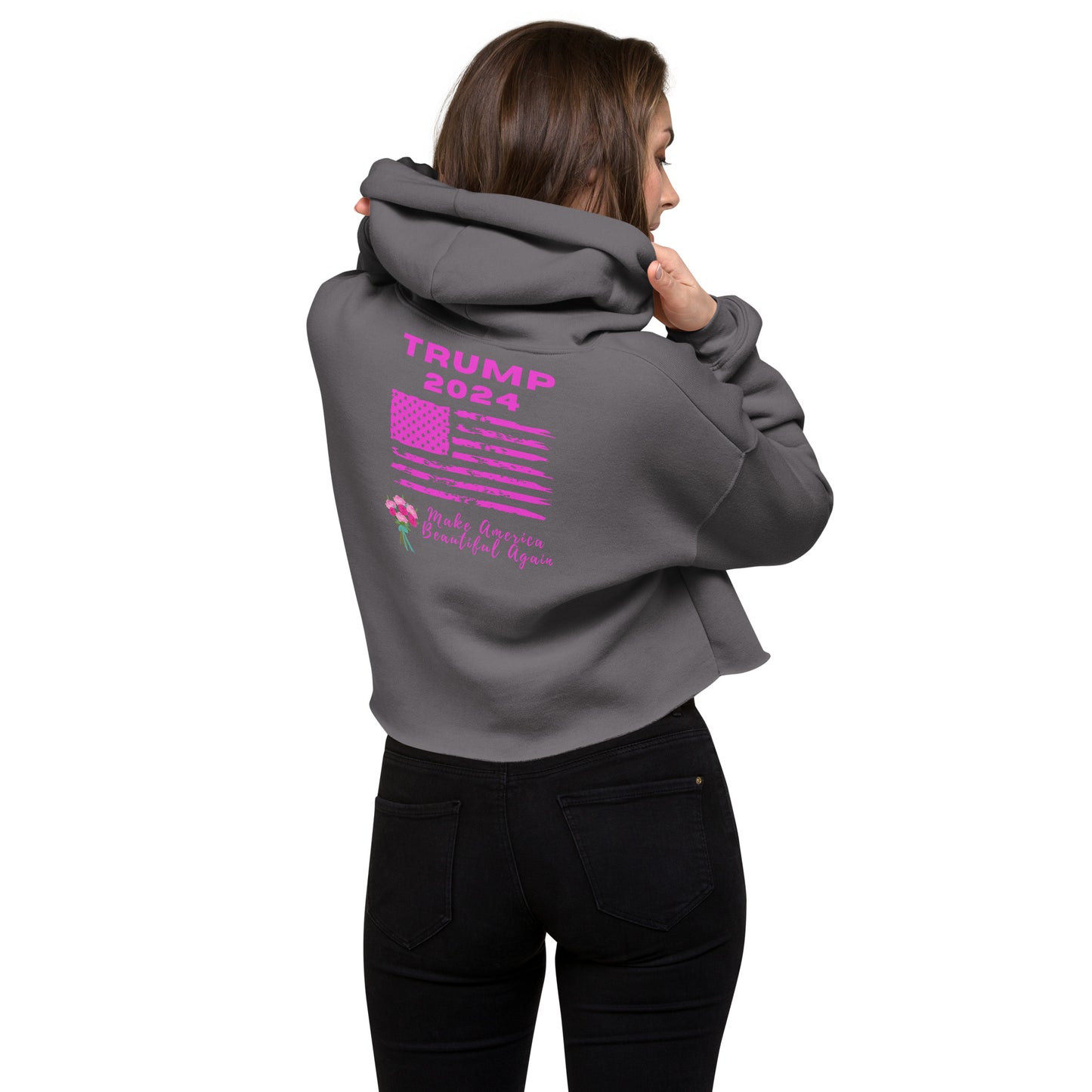 Trump 2024 Front Embroidered Pink Logo and Black Patch Sleeve Crop Hoodie